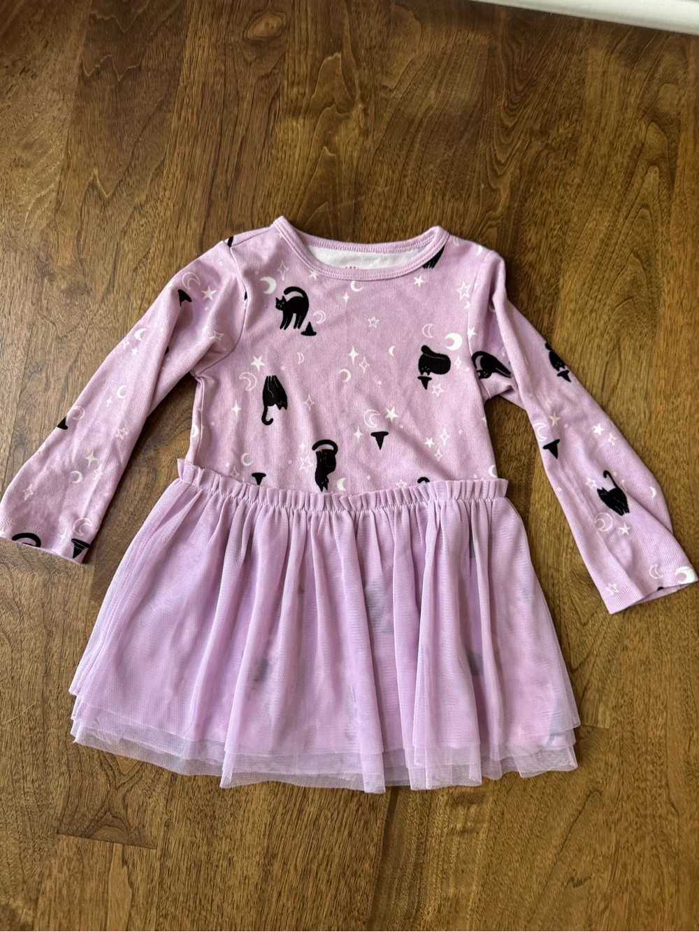 Girls' Purple Long-Sleeve Tulle Skirt Dress with Cat Print
